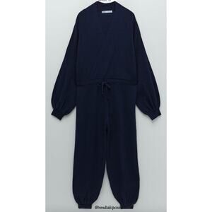 ZARA Navy Blue Jumpsuit Ribbed Knit Wrap V-Neck Casual Drop Shoulder M Medium